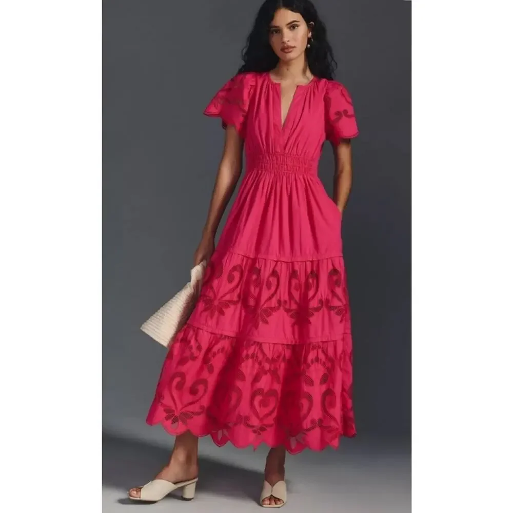 Anthropologie $249 Medium Somerset Cut Out Cottagecore Summer Flowy Maxi Dress - Picture 1 of 12